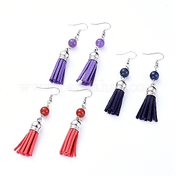 Faux Suede Tassel Dangle Earrings, with Natural Gemstone Beads and 304 Stainless Steel Earring Hooks, Mixed Color, 75mm