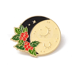 Spilla smaltata luna con foglie di agrifoglio, distintivo della lega di natale per i vestiti dello zaino, oro, colorato, 27x31.5x1.5mm, ago :1mm