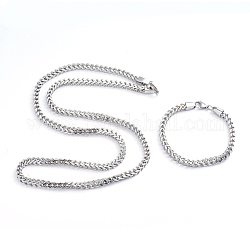 Unisex 304 Stainless Steel Wheat Chain, Foxtail Chain Bracelet & Necklace Jewelry Sets, with Lobster Claw Clasps, Stainless Steel Color, 8-1/4 inch(21cm), 29.52 inch(75cm)