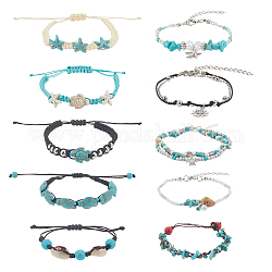 ANATTASOUL 10Pcs 10 Style Synthetic Turquoise & Natural Shell & Seed Braided Bead Bracelet & Anklet, Alloy Starfish Ocean Theme Jewelry Set for Women, Mixed Color, Inner Diameter: 3~9cm, 1Pc/style