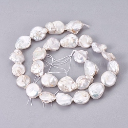 Natural Baroque Pearl Keshi Pearl Beads Strands, Cultured Freshwater Pearl, Flat Round, Antique White, 12~13x4~7mm, Hole: 0.8mm, about 20~23pcs/strand, 14.96 inch