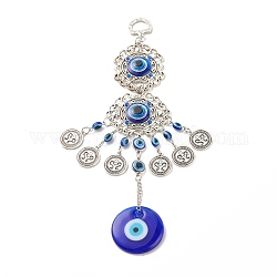 Glass Turkish Blue Evil Eye Pendant Decoration, with Alloy Flower & Flat Round Design Charm, for Home Wall Hanging Amulet Ornament, Antique Silver, 230~240mm, Hole: 13.5x10mm