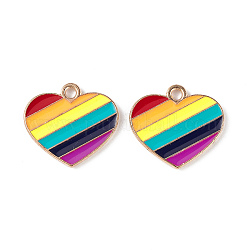 Colgantes de esmalte de aleación de orgullo de color arcoíris, charms del corazón, la luz de oro, colorido, 16x17.7x1.5mm, agujero: 2 mm