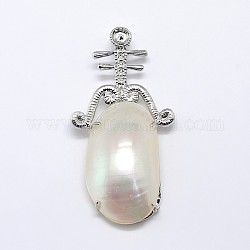 Chinese Lute Pearl Shell Big Pendants, with Platinum Tone Brass Findings, Seashell Color, 56x29x10mm, Hole: 6x4mm