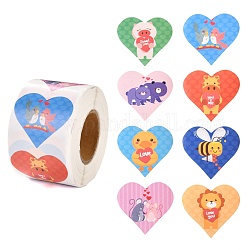 Autocollants étiquette cadeau papier thème saint valentin, 8 style d'étiquettes adhésives en forme de coeur et motif animal, pour la fête, cadeaux décoratifs, colorées, 4.1 cm, à propos 500pcs / roll