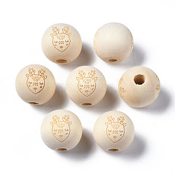 Perles européennes en bois naturel non fini, Perles avec un grand trou   , motif gravé au laser, rond avec des cerfs, vieille dentelle, 15~16x14~15mm, Trou: 4mm