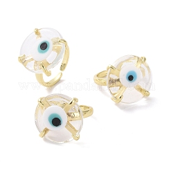 Lampwork Evil Eye Open Cuff Ring, Golden Brass Lucky Jewelry for Women, Lead Free & Cadmium Free, Blue, Inner Diameter: 16mm