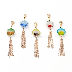 Handgemachte Bunte Malerei Perlen Anhänger Dekorationen, mit Messingkabelquasten und 304 Edelstahl-Karabinerverschluss, Mischfarbe, 100 mm