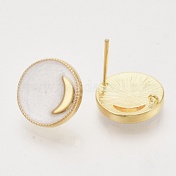 Accessoires de clous d'oreilles en laiton, avec émail et boucle, plat rond avec la lune, véritable 18k plaqué or, sans nickel, blanc crème, 14x4mm, Trou: 1mm, pin: 1 mm