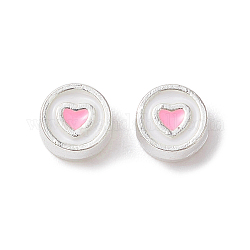 Perles d'émail en alliage de ton argent, plat rond avec motif coeur, rose, 5x3mm, Trou: 1.2mm