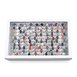 Anillos de dedo ovalados de piedras preciosas mixtas naturales, Joyas de aleación chapadas en platino para mujer., diámetro interior: 17.5~20.1 mm