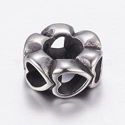 304 perline europei in acciaio inox, perline con foro grande, fiore con cuore, argento antico, 11x5mm, Foro: 5 mm