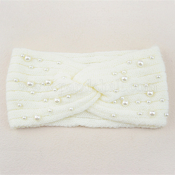 Acrylic Fiber Knitted Yarn Warmer Headbands, with Plastic Imitation Pearl, Soft Stretch Thick Cable Knit Head Wrap for Women, Floral White, 210x110mm