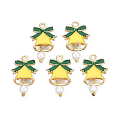 Rack Plating Alloy Enamel Pendants, with ABS Plastic Imitation Pearl, Cadmium Free & Nickel Free & Lead Free, Light Gold, Christmas Bell, Yellow, 22mm, Hole: 1.8mm