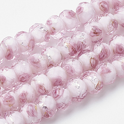 Chapelets de perles d'argent en verre de chalumeau manuelles, fleur intérieure, facettes rondelle, rose, 11~12x8~9mm, Trou: 1.6~2mm, Environ 45 pcs/chapelet, 17.3 pouce
