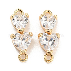 Brass Pave Clear Cubic Zirconia Connector Charms, Double Heart Links, Real 18K Gold Plated, 17x7x4.3mm, Hole: 1.4 and 1.5mm