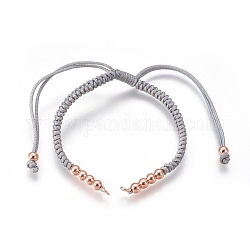 Fabrication de bracelets de perles tressées en nylon, avec des perles en laiton, Plaqué longue durée, Véritable plaqué or rose, gris clair, 10-1/4 pouce ~ 11-5/8 pouces (26~29.6 cm)