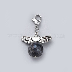 Sfaccettato pendenti di vetro, con perle in lega a forma di ala e 304 fermagli in acciaio inossidabile a moschettone, nero, 35mm