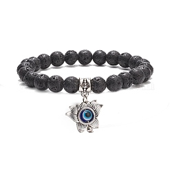 Bracelet extensible rond en pierre de lave naturelle, lotus en alliage avec résine mauvais œil charme bracelet de yoga pour les femmes, noir, diamètre intérieur: 2-1/4 pouce (5.8 cm)