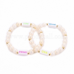 (vente de bijoux fêtes d'usine) bracelets extensibles, avec des perles acryliques et des perles en laiton plaqué or, caoutchouté, rond et rectangle avec mot, blanc crème, diamètre intérieur: 1-3/4 pouce (4.6 cm)