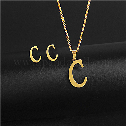 Conjunto de joyas con letras iniciales de acero inoxidable dorado., Pendientes de perlas y collares pendientes, letra c, Sin tamaño