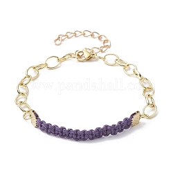 Bracelets à maillons tressés en cordons de coton ciré, avec des chaînes forçat en laiton doré, violet, 7-1/8 pouce (18 cm)