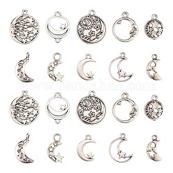 Pendenti con anello in lega di stile tibetano 100 pz 10 stili, Luna e stelle,  cadmio& piombo libero, argento antico, 19.5x16x3mm, Foro: 1.5 mm, 10pcs / style