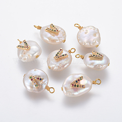 Natural Cultured Freshwater Pearl Pendants, with Brass Micro Pave Cubic Zirconia Findings, Flat Round with Letter, Colorful, Golden, Letter.V, 16~19x11~12x6~8mm, Hole: 1.8mm