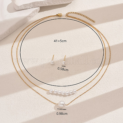 Комплекты из двухслойных ожерелий и серег-гвоздиков из искусственной круглой жемчужины 201 из нержавеющей стали для женщин FS8712-1