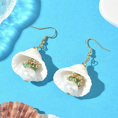 Серьги-ракушки из нержавеющей стали 304 с круглыми подвесками EJEW-MZ00549-07-1