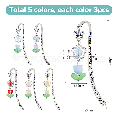 15 шт. 5-х цветные стеклянные тюльпаны-подвески-закладки AJEW-HS00009-1