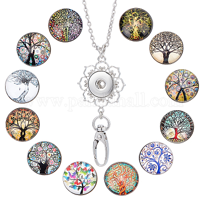 SUNNYCLUE 1 Box 12 Styles Tree of Life Snap Button Office Lanyard Bulk Four  Seasons Stainless Steel Lanyards for ID Badges ID Badge Lanyard Holder