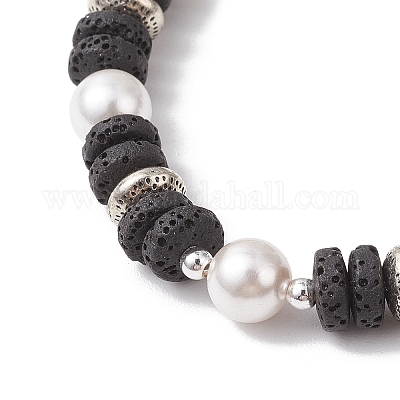 Плоские круглые эластичные браслеты из натурального камня лавы и ракушек с жемчугом для женщин BJEW-JB12140-01-1