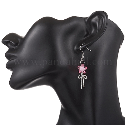 Серьги-подвески из акрилового стекла с цветком и бантом EJEW-JE06794-1