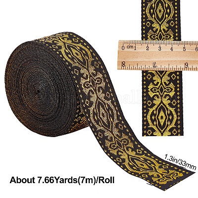  PH PandaHall 1.75 Inch Jacquard Ribbon, 4 Yards Hot Adhesive  Floral Trim Black Gold Embroideried Lace Trim Woven Ribbon Fabric Trim  Fringe for Sewing Clothing Ramadan Home Decor Wedding Bag Straps