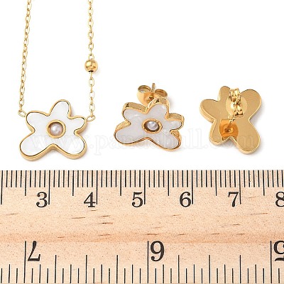 Комплекты из ожерелий и серег-гвоздиков из нержавеющей стали 304 с цветочным узором для женщин SJEW-B020-02G-1