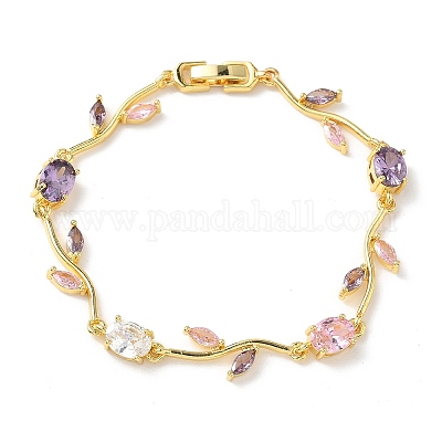 Браслеты-цепочки из латуни с микропаве из кубических цирконий овальной и листовой формы для женщин BJEW-G764-05G-01-1