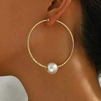 Круглые серьги-кольца из пластика и нержавеющей стали с имитацией жемчуга KY5122-1