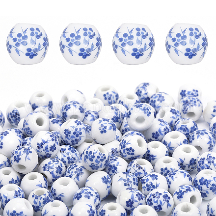 Chgcraft 手作り磁器ビーズ 200 個  青と​​白の磁器  花模様の丸  ブルー  9.5~10x8.5~9mm  穴：3mm PORC-CA0001-14-1