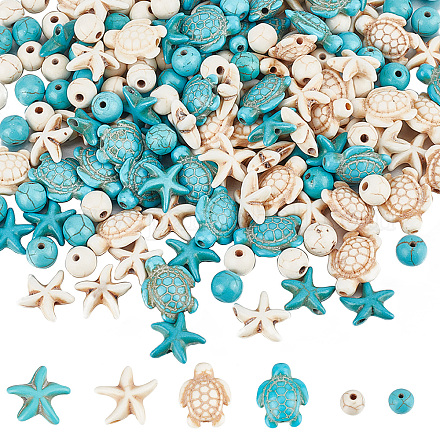 Sunnyclue 6 brin 180~200 pièces de perles tortues breloques étoiles de mer perles blanches bleues en vrac turquoise synthétique 8 mm perle ronde été océan perles d'animaux marins pour la fabrication de bijoux kit de perles bricolage artisanat G-SC0002-45-1