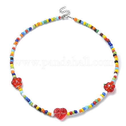 Colliers de perles de fleurs et de cœurs et de graines de verre NJEW-JN04374-1