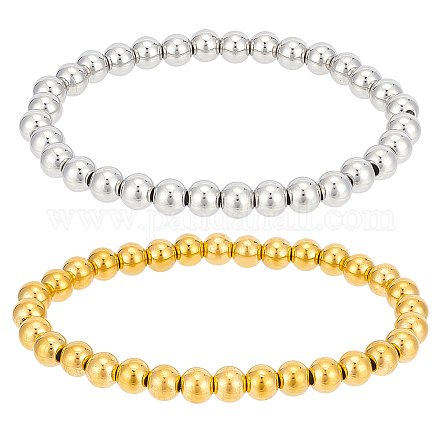 Benecreat 4 pz 2 colori 201 braccialetti elasticizzati con perline rotonde in acciaio inossidabile per uomo donna BJEW-BC0001-15B-1