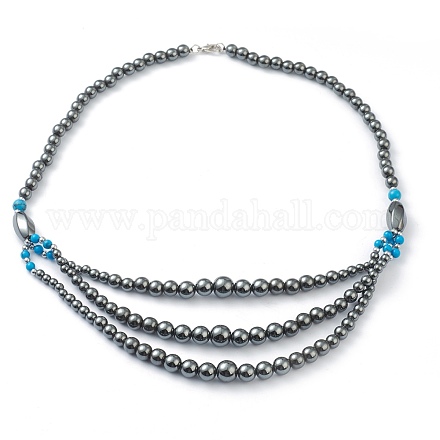 Colliers 3 couche de perles synthétiques non magnétiques en hématite et turquoise NJEW-H307-01C-1