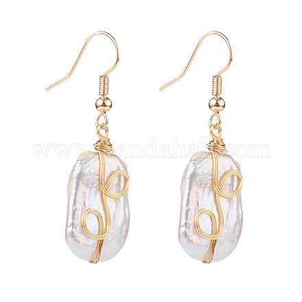Wire Wrapped Natural Baroque Pearl Keshi Pearl Dangle Earrings EJEW-JE04506-01-1