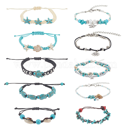 Anattasoul 10pcs 10 style turquoise synthétique et coquillage naturel et graine bracelet de perles tressées et bracelet de cheville AJEW-AN0007-10-1