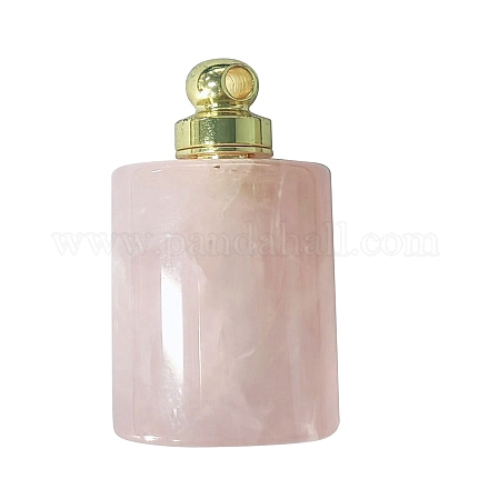 天然ローズクォーツ香水瓶ペンダント  ランダムな色の合金パーツ  エッセンシャルオイル用  香水  楕円形の円柱  32x18mm BOTT-PW0001-069A-1