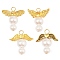 Shell Pearl Pendants, Angel Charms with Golden Tone Alloy Wings, Floral White, 23~24x20~22x8mm, Hole: 3mm