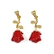 Brass Pendants, with Enamel, Rose Charm, Real 18K Gold Plated, Red, 23x10x9mm, Hole: 5x3mm