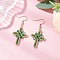 304 Stainless Steel Glass Seeds Cross Dangle Earrings, Golden, Green, 53x26mm