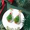Glass Dangle Stud Earrings, Christmas Trees, Golden, Lime Green, 50x18mm